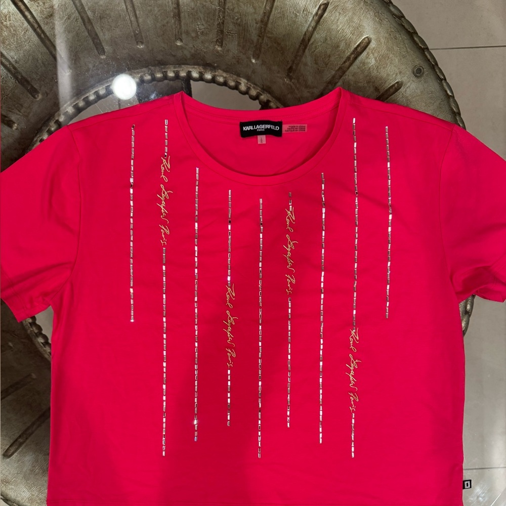 Karl Lagerfeld Red Orange Short Sleeve Tee with Metallic Stripes